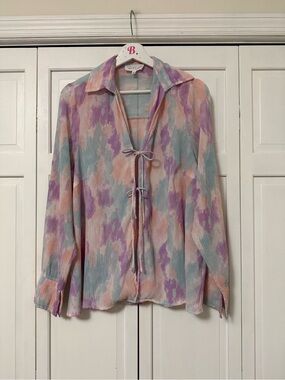 Sweet Lemon Two Tie-Front Pastel Watercolor Print Blouse Oversized Coastal Beach